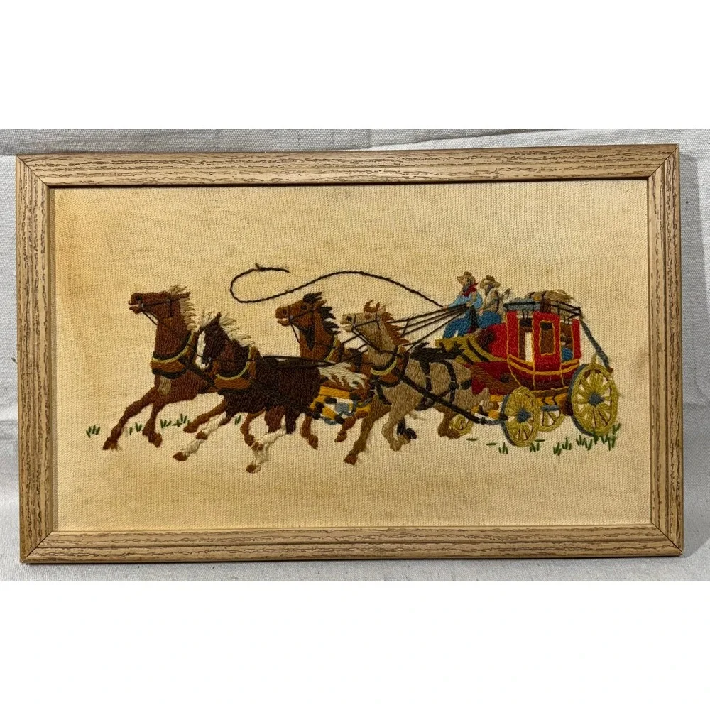 Vintage Western Stagecoach Horse Needlepoint Framed Wall Art 20.5x13 Grumbacher